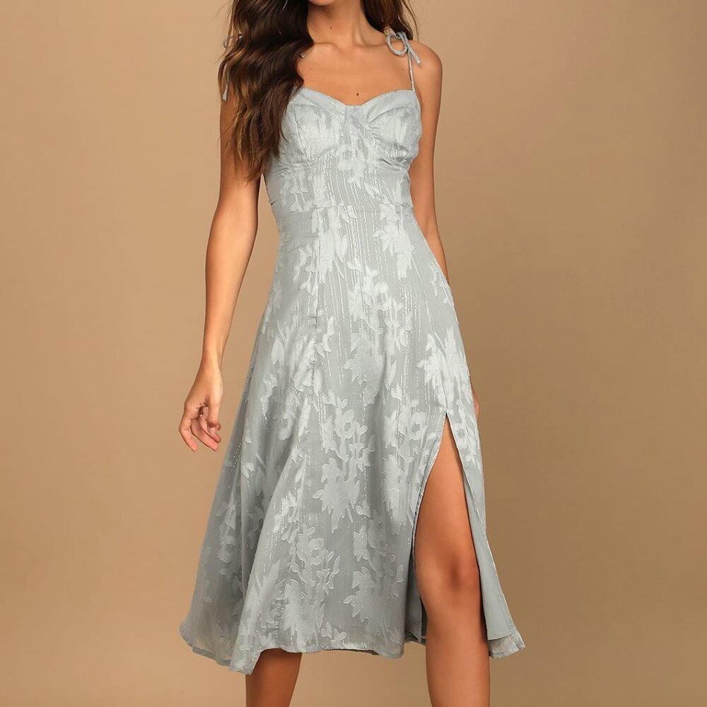 NWT Lulus Loveliest Looks Dusty Blue Floral Jacquard Tie-Strap Midi Dress XXS